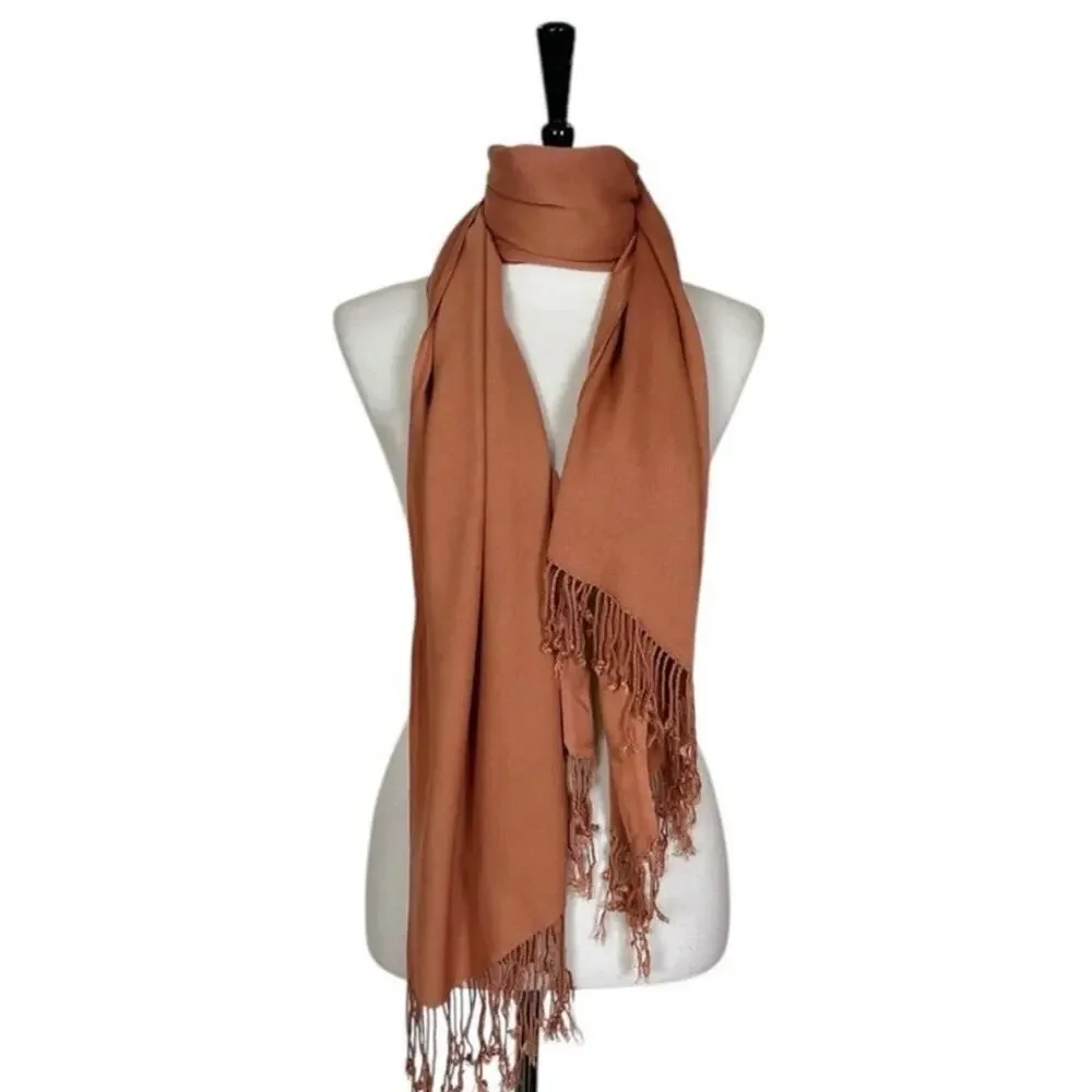 Women’s Bundle 3 Oblong Scarfs Solid Neutral Color Fringe Tan Orange Brown Tan